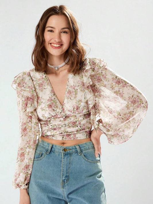 CM-TS226445 Women Casual Seoul Style Floral Print Deep V-Neck Ruffle Trim Long Sleeve Shirt