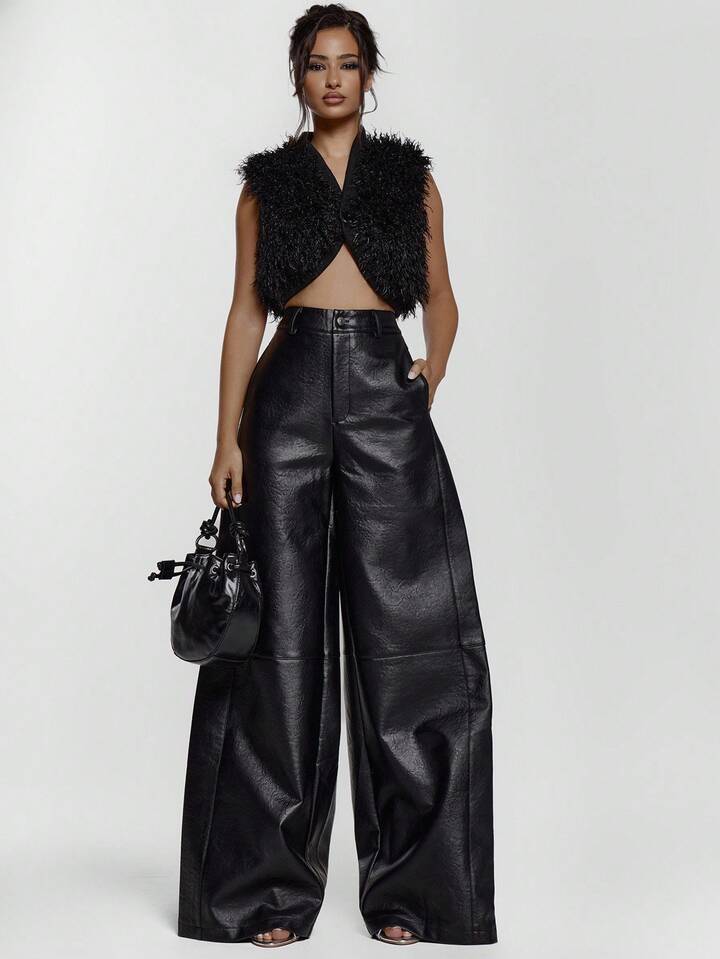 CM-BS001657 Women Elegant Seoul Style Faux Leather Wide Leg Mid Waist Trouser - Black