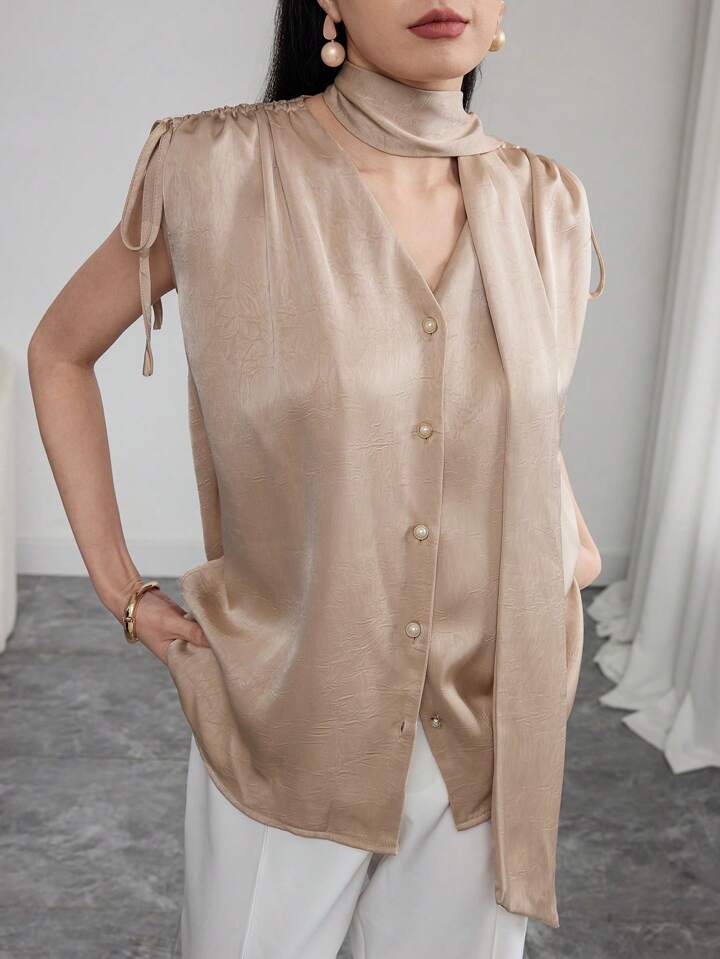 CM-TS690870 Women Elegant Seoul Style Solid Color Ruched Shoulder Tie Front Short Sleeve Blouse