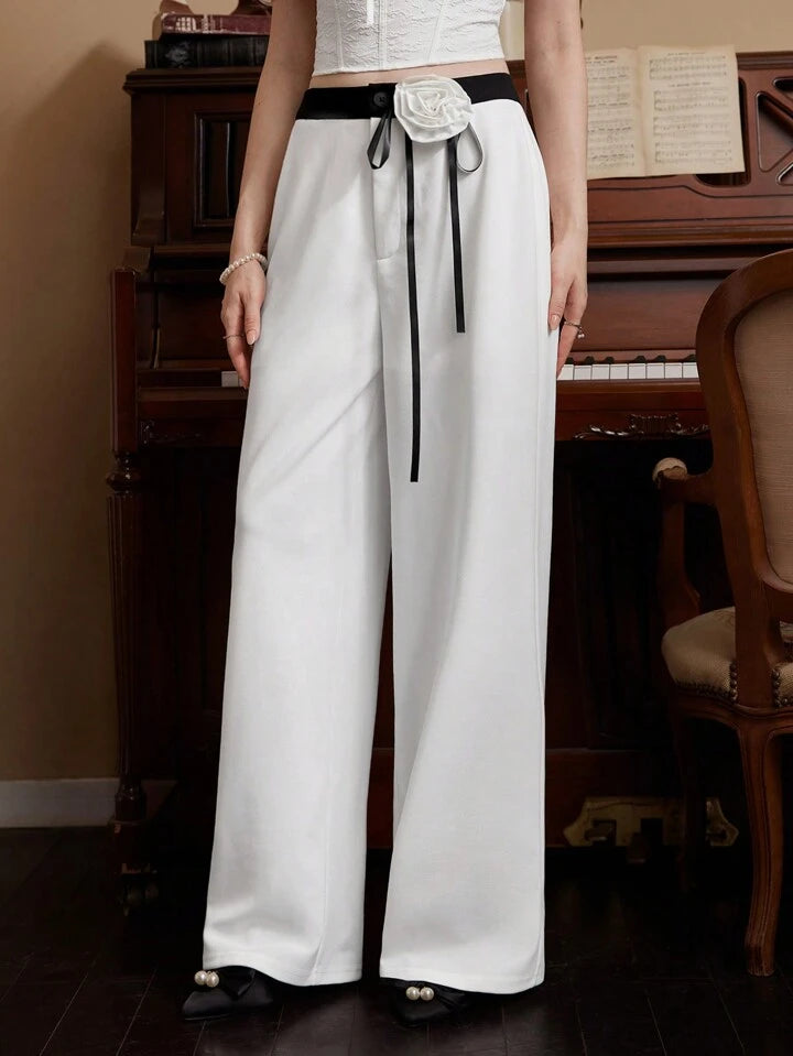 CM-BS792020 Women Elegant Seoul Style Contrasting Color 3D Floral High Waist Trousers - White