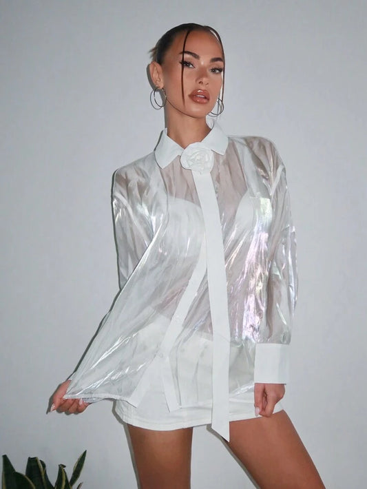 CM-TS314818 Women Casual Seoul Style 3D Floral Mesh See-Through White Long Sleeve Shirt