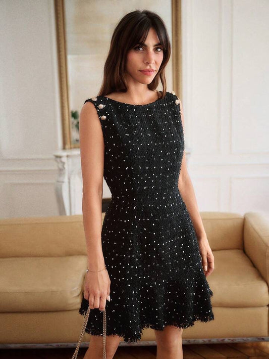 CM-DS001040 Women Elegant Seoul Style Round Neck Sleeveless Polka Dot Print Ruffle Hem Dress