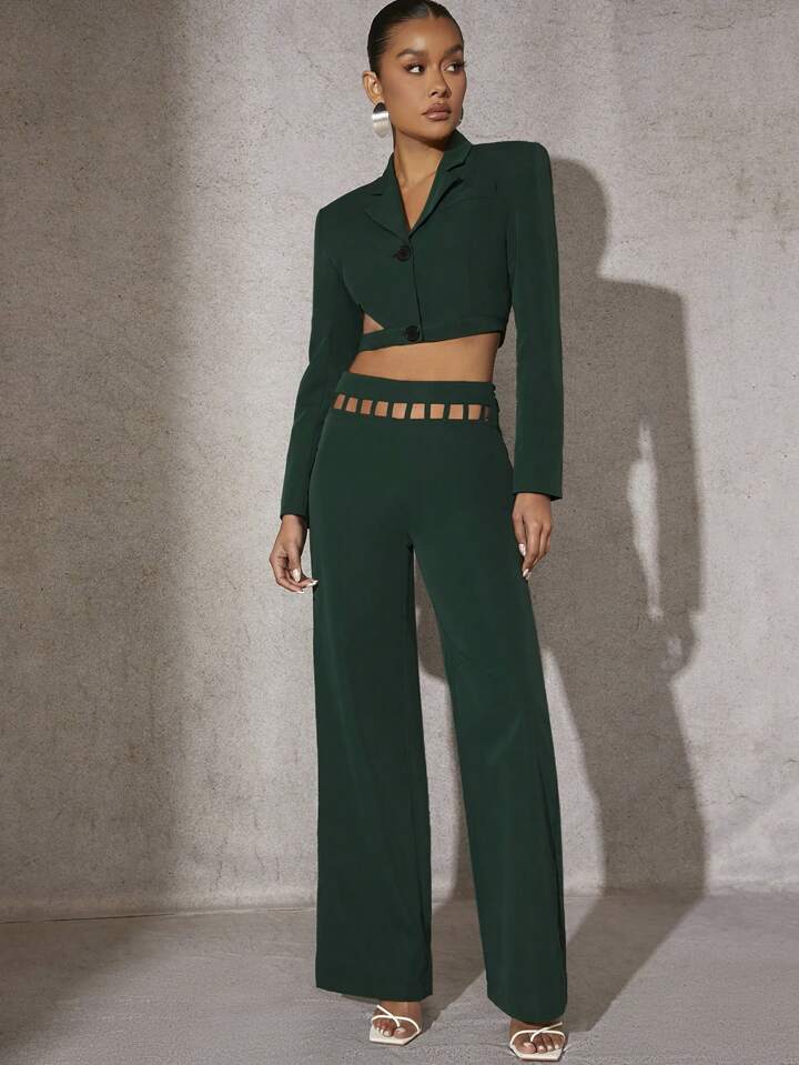 CM-BS919322 Women Elegant Seoul Style Grid Cut Out Waist Wide Leg Pants - Green