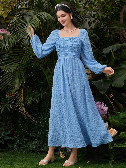 CM-DS041762 Women Elegant Seoul Style Square Neck Lantern Sleeve Dress - Blue