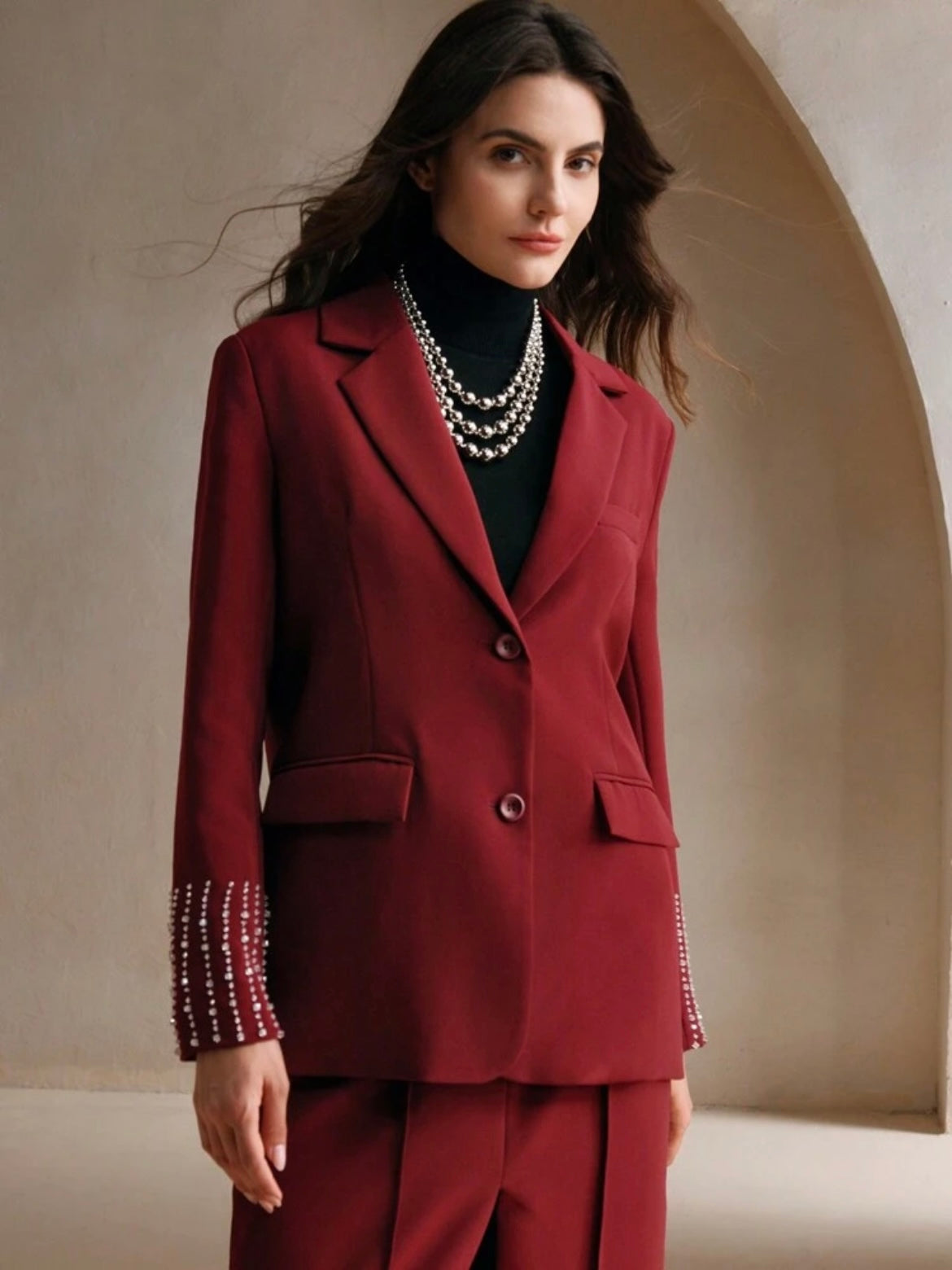 CM-SS977910 Women Elegant Seoul Style Lapel Neckline Colorblock Blazer Jacket With Slit Skirt - Set