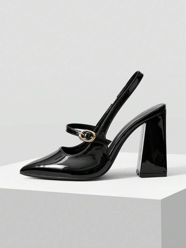 CM-SHS598797 Women Trendy Seoul Style Pointed Toe Buckle Design High Heels - Black
