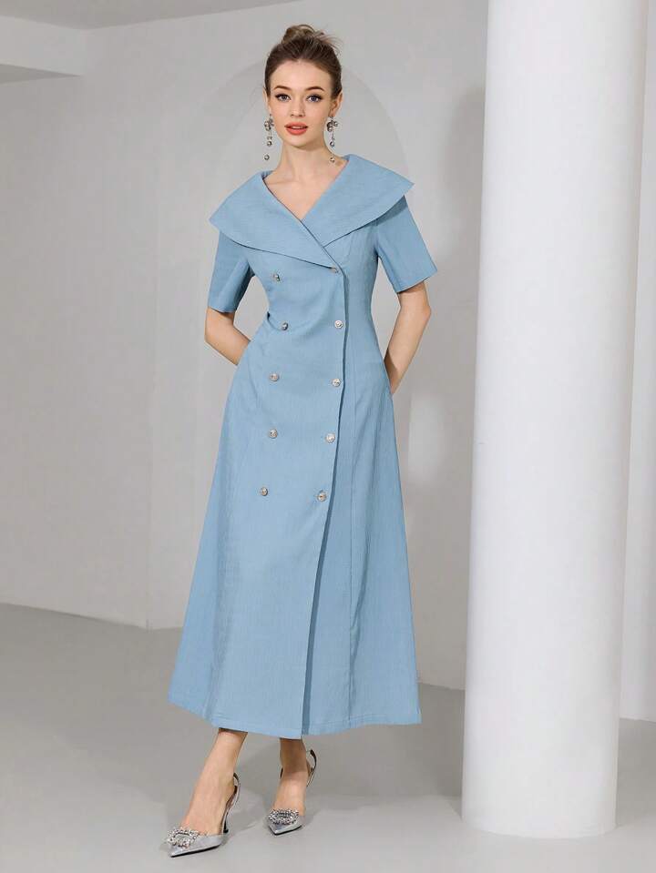 CM-DS665616 Women Elegant Seoul Style Solid Color Lapel Neckline Double-Breasted Short Sleeve Long Dress - Blue