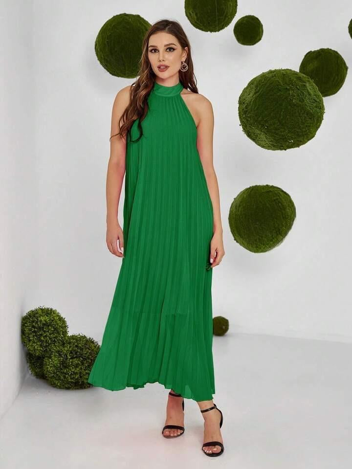 CM-DS666099 Women Casual Seoul Style Solid Color Halter Neck Sleeveless Pleated Dress - Green