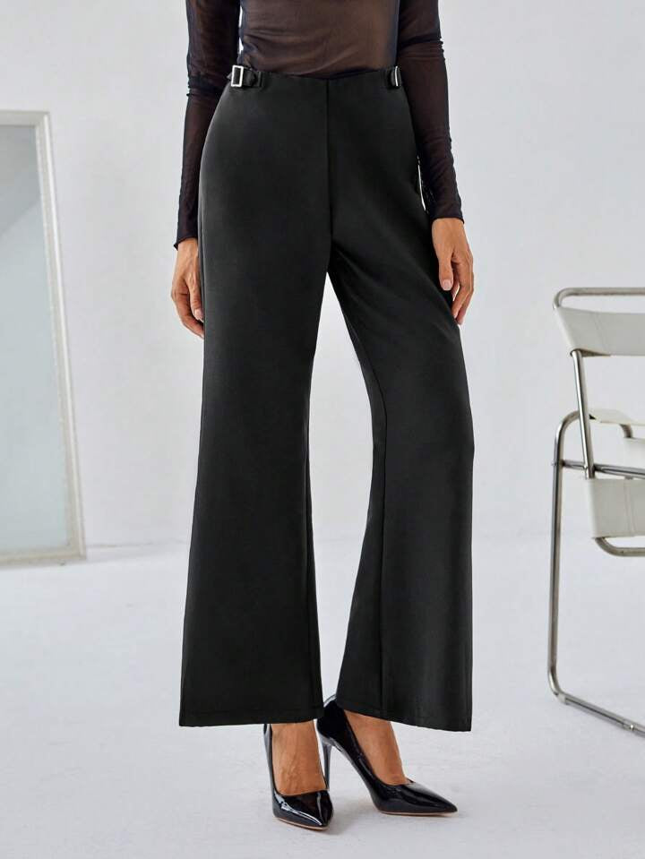 CM-BS551610 Women Elegant Seoul Style Solid Color Elastic Waist Slim Fit Flared Pants - Black