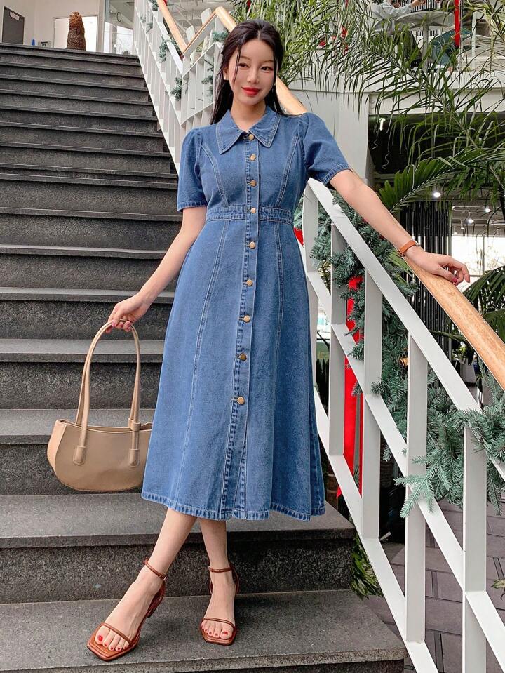 CM-DS280478 Women Casual Seoul Style Medium Wash Shirt Collar Riveted Puff Sleeve Denim Dress