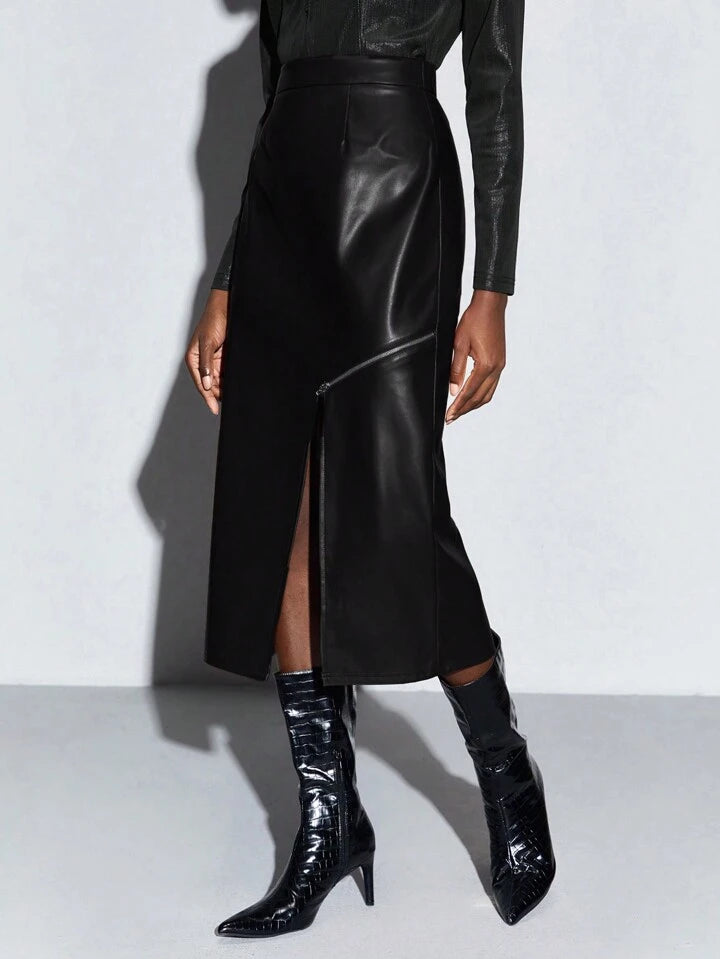 CM-BS066844 Women Elegant Seoul Style High Waist Slit Hem Skinny Skirt - Black