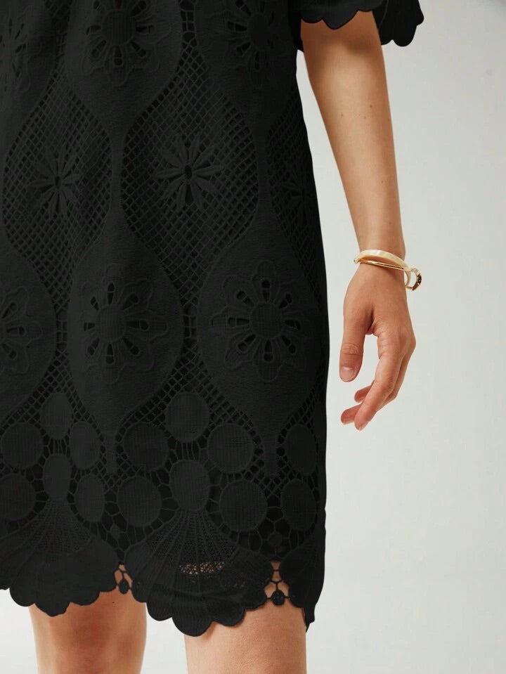 CM-DS636852 Women Elegant Seoul Style Round Neck Half Sleeve Lace Overlay Dress - Black