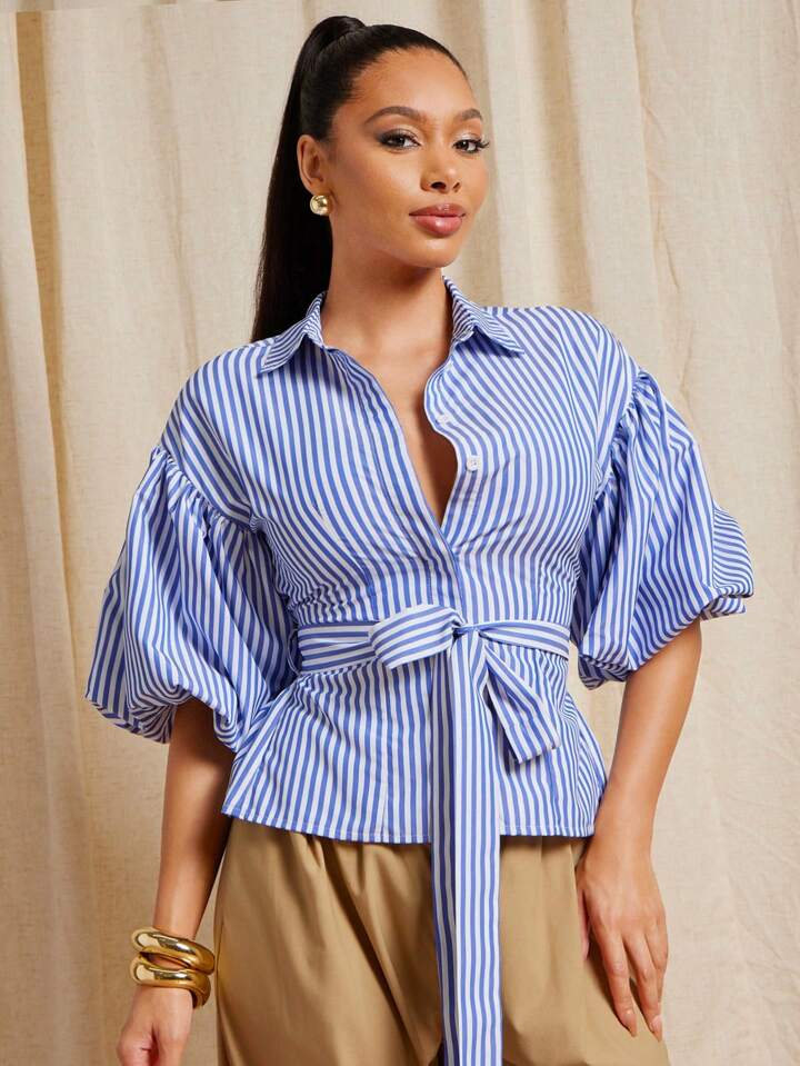 CM-TS598688 Women Elegant Seoul Style Striped Puff Sleeve Shirred Back Button Up Shirt - Blue