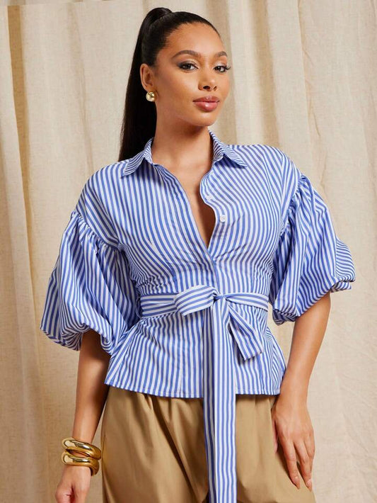 CM-TS598688 Women Elegant Seoul Style Striped Puff Sleeve Shirred Back Button Up Shirt - Blue