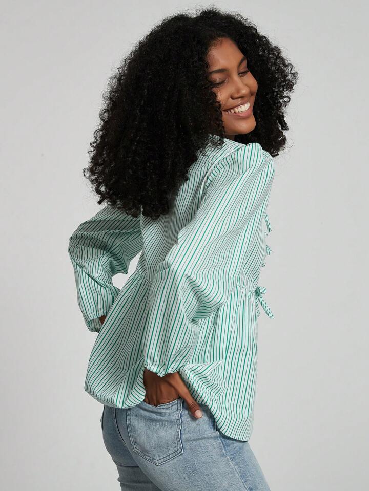 CM-TS377509 Women Casual Seoul Style Print Ruffle Hem Tie Long Sleeve Shirt - Mint Green