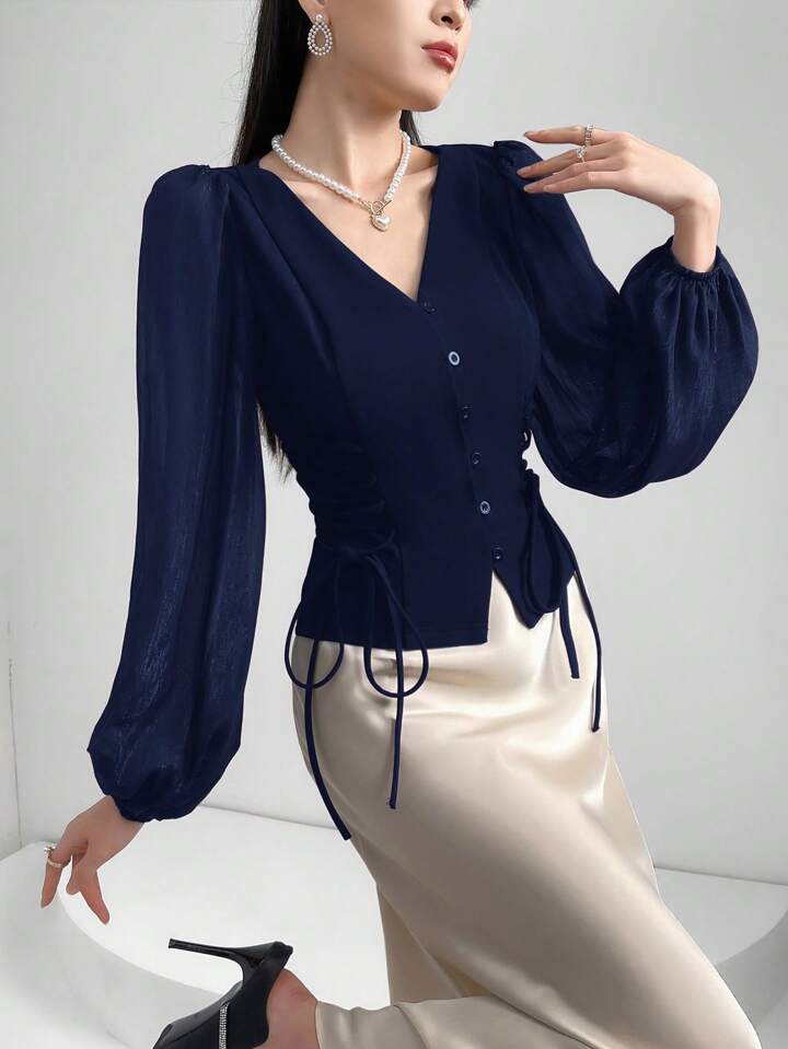 CM-TS858875 Women Elegant Seoul Style Sheer V-Neck Puff Lantern Sleeves Lace-Up Detail Blouse - Navy Blue