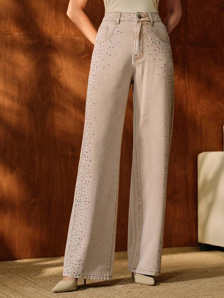 CM-BS742256 Women Casual Seoul Style Mid Waist Rhinestone Embellished Straight Leg Pants - Apricot