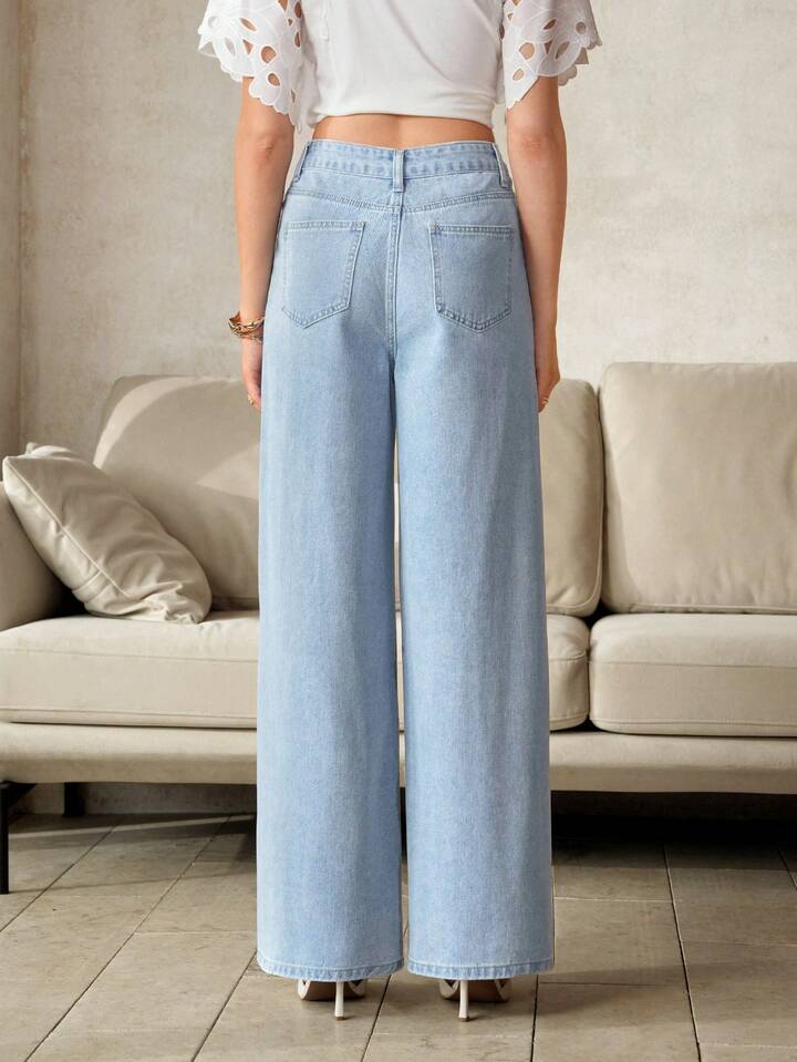 CM-BS260756 Women Casual Seoul Style Mid Waist Pearl Embellished Sequin Sheer Denim Jeans - Blue