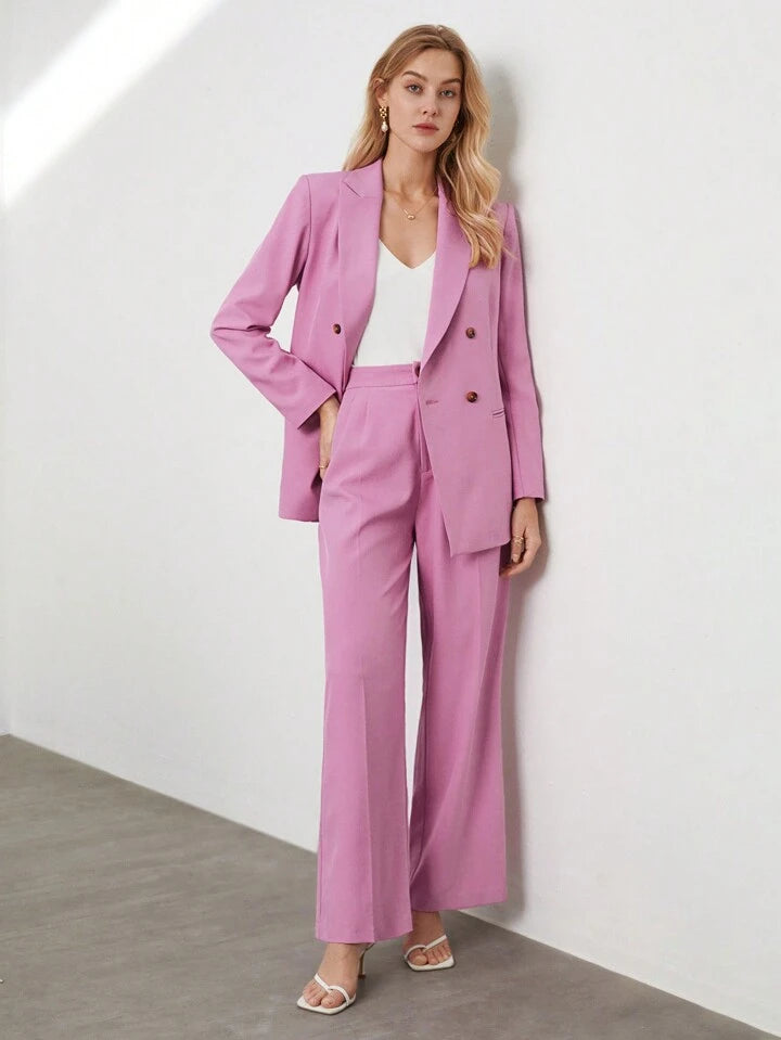 CM-SS642324 Women Elegant Seoul Style Double Breasted Lapel Jacket With Wide Leg Pants Suit - Pink