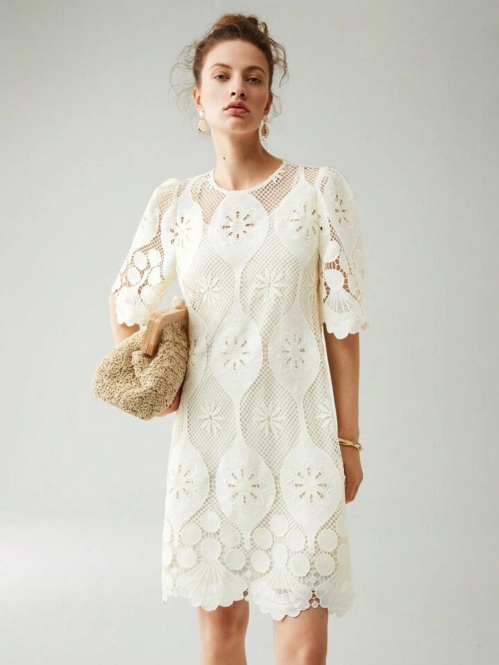 CM-DS811995 Women Elegant Seoul Style Round Neck Half Sleeve Lace Overlay Dress - Apricot