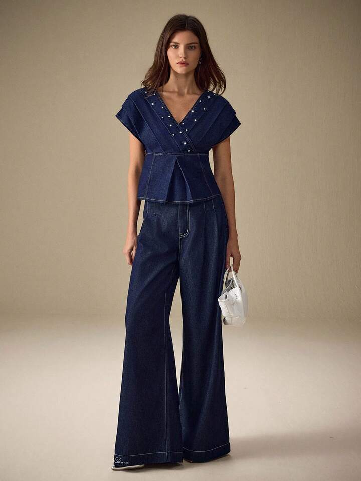 CM-TS983839 Women Casual Seoul Style Dark Wash Deep V-Neck Kimono Sleeve Denim Blouse