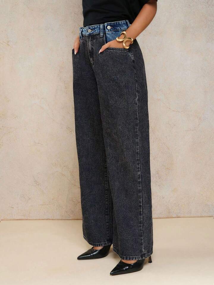 CM-BS870220 Women Casual Seoul Style Mid Waist Contrast Color Pocket Loose Straight Leg Jeans - Dark Gray