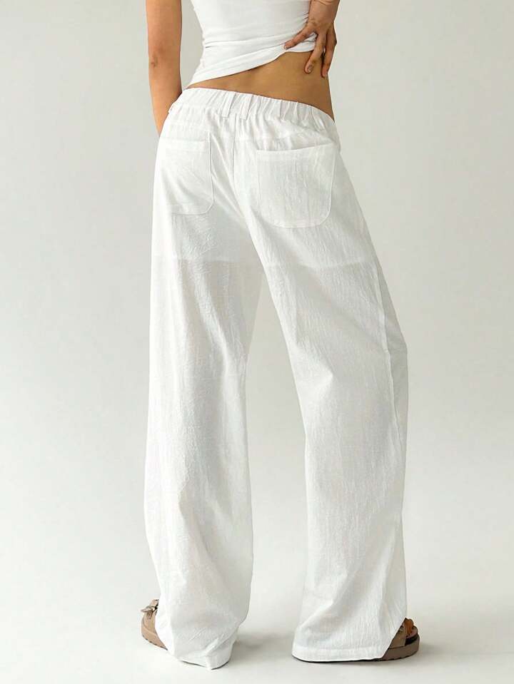 CM-BS275741 Women Casual Seoul Style Solid Color Low Waist Loose Straight Leg Pants - White