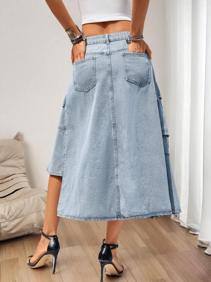 CM-BS210224 Women Casual Seoul Style Asymmetrical Layered A-Line Denim Mini Skirt - Blue