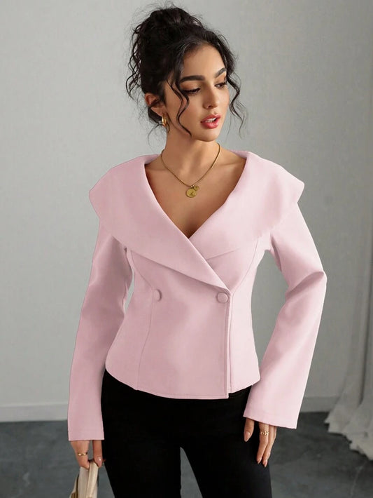 CM-TS002530 Women Elegant Seoul Style Solid Color Wide Lapel Open Shoulder Bell Sleeve Long Sleeve Blouse - Baby Pink