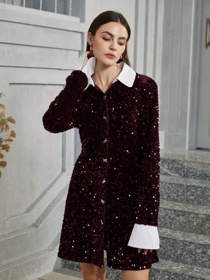 CM-DS117007 Women Elegant Seoul Style Sequin Patchwork Colorblock Shirt Collar Long Sleeve Midi Dress