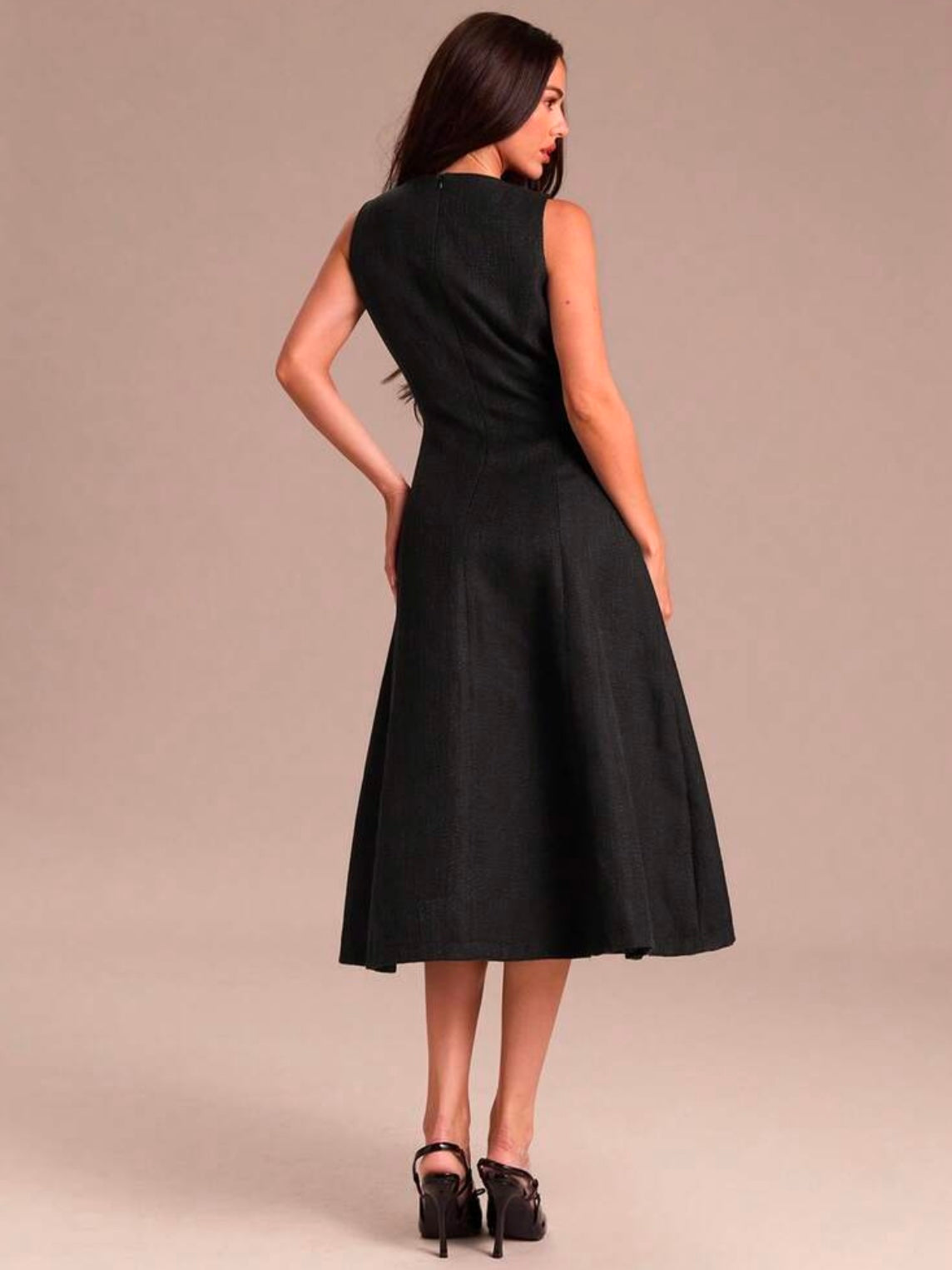 CM-DS919991 Women Elegant Seoul Style V-Neck Sleeveless Woven A-Line Flared Midi Dress With Pockets - Black