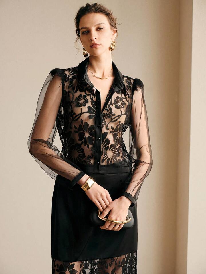 CM-SS699699 Women Elegant Seoul Style Hollow-Out Lace Collar Neckline  Long Sleeve Top With Maxi Skirt - Set
