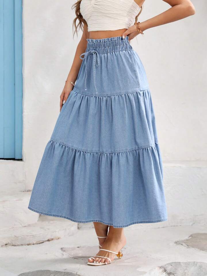 CM-BS575095 Women Trendy Bohemian Style Loose Elastic Waist Denim Skirt - Blue