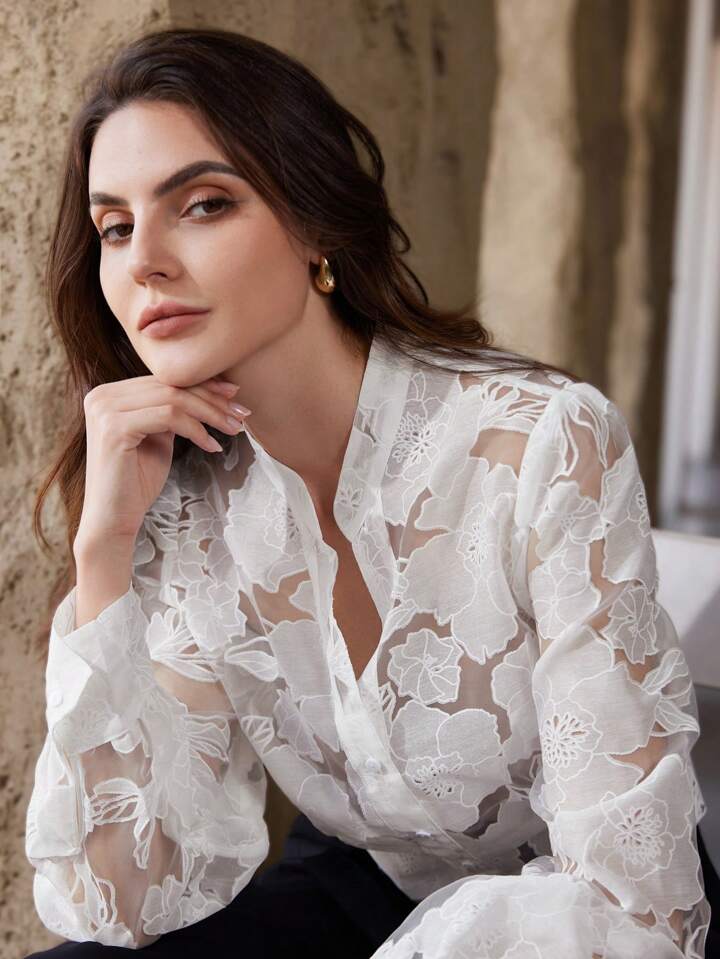 CM-TS600717 Women Elegant Seoul Style V-Neck Sheer Geometric Long Sleeve  Blouse - White