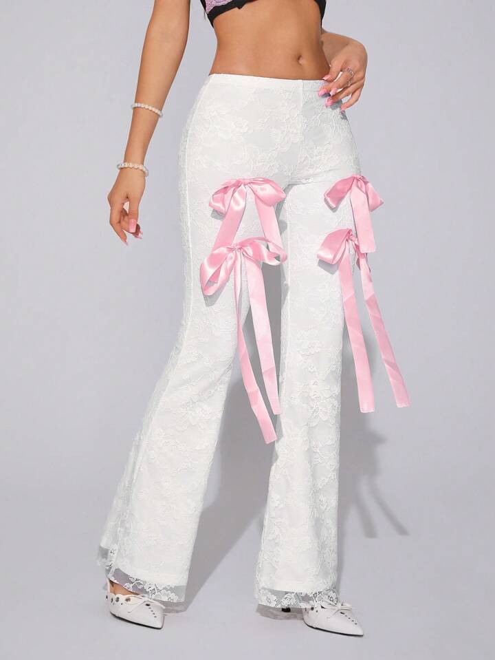 CM-BS702306 Women Elegant Seoul Style Lace Splicing Bowknot Adorned Slim Fit Flared Pants