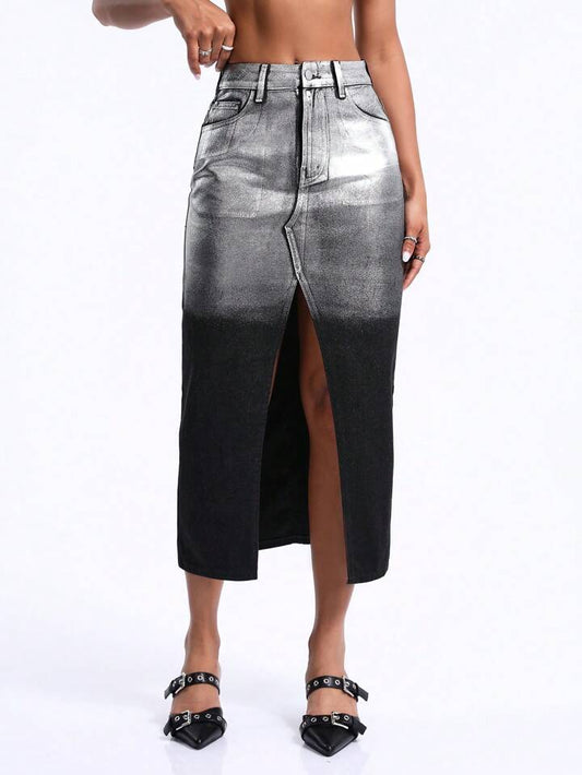 CM-BS064478 Women Casual Seoul Style Metallic Fabric Split Denim Skirt