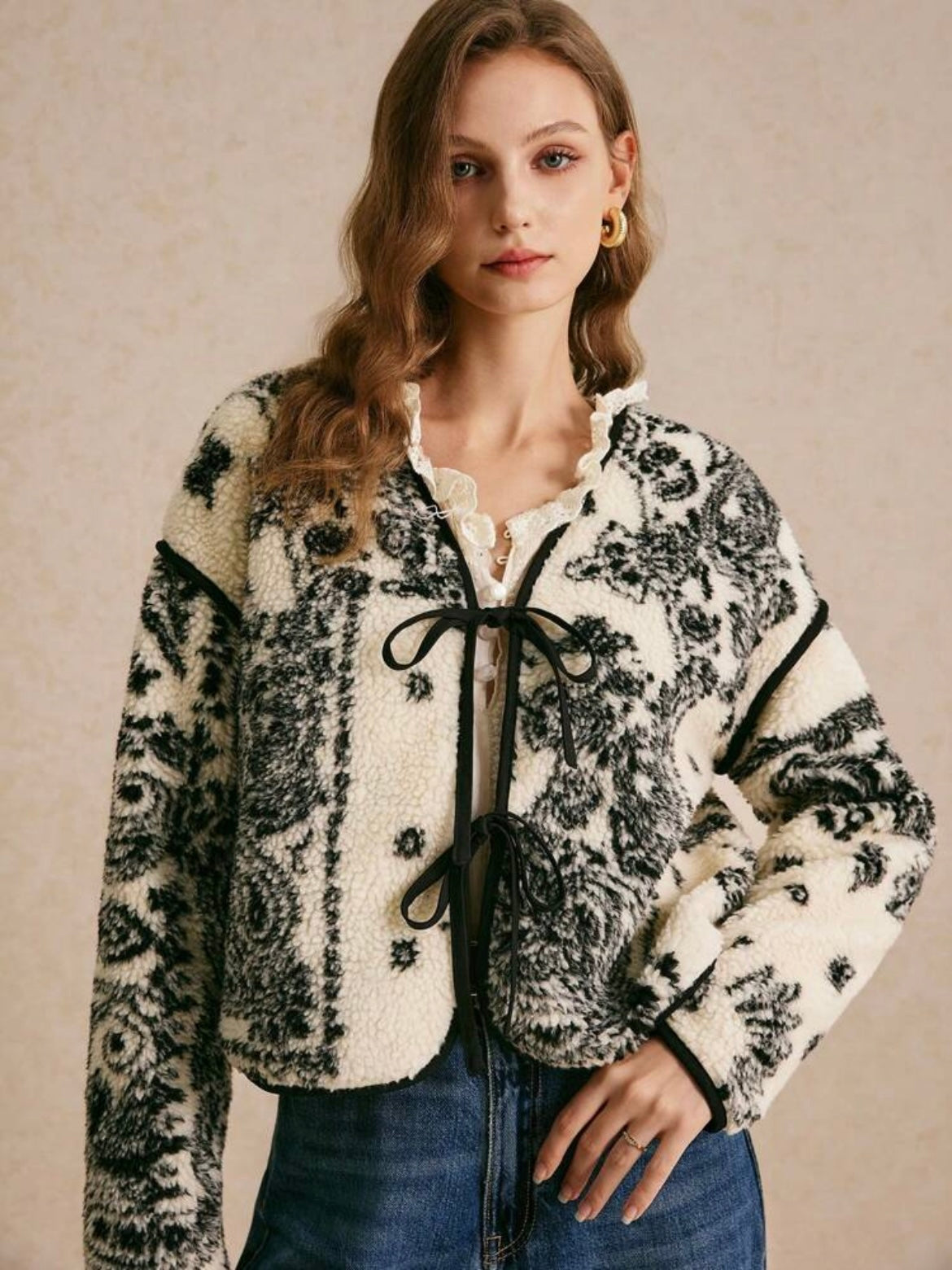 CM-CS143588 Women Casual Seoul Style Contrast Lace-Up Long Sleeve Printed Jacket
