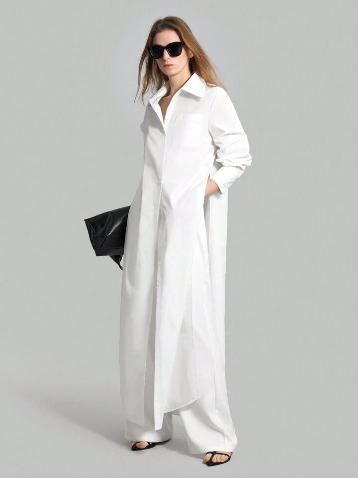 CM-TS859922 Women Casual Seoul Style Shirt Collar Long Sleeve Front Button High Slit Long Shirt - White