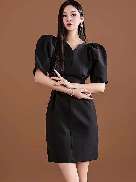 CM-DT739014 Women Elegant Seoul Style Puff Sleeve Waist-Cinching Bodycon Mini Dress - Black