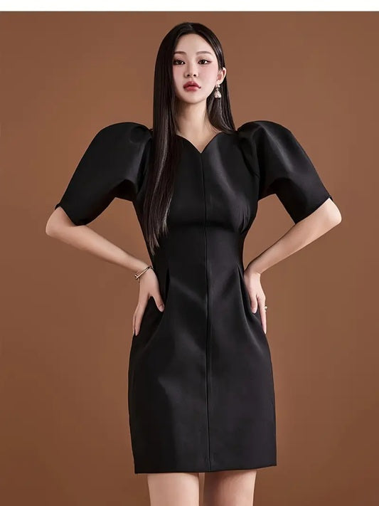 CM-DT739014 Women Elegant Seoul Style Puff Sleeve Waist-Cinching Bodycon Mini Dress - Black