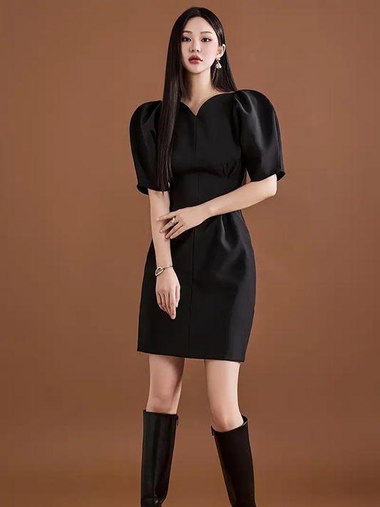 CM-DT739014 Women Elegant Seoul Style Puff Sleeve Waist-Cinching Bodycon Mini Dress - Black