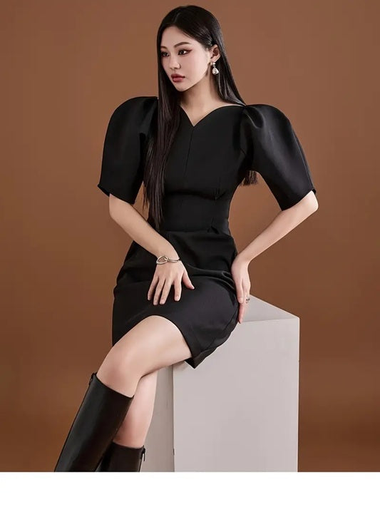 CM-DT739014 Women Elegant Seoul Style Puff Sleeve Waist-Cinching Bodycon Mini Dress - Black