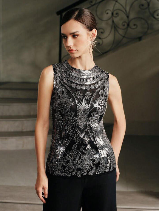 CM-TS151636 Women Elegant Seoul Style Stand Collar Sleeveless Slim Fit Beaded Vest Top - Black