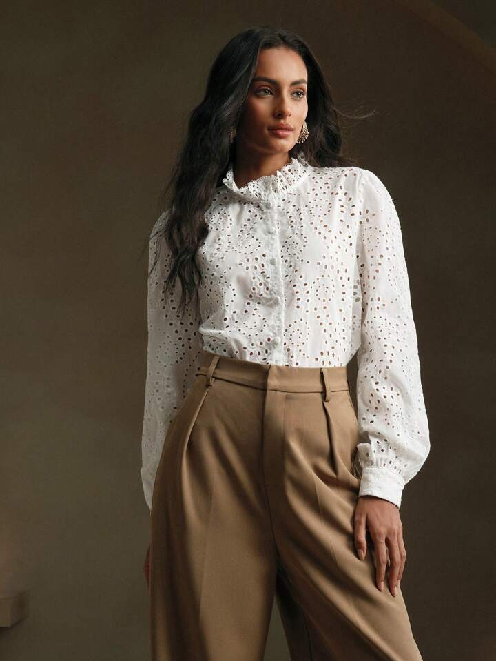CM-TS725422 Women Trendy Bohemian Style Lace Hollow Stand Collar Lantern Sleeve Blouse - White