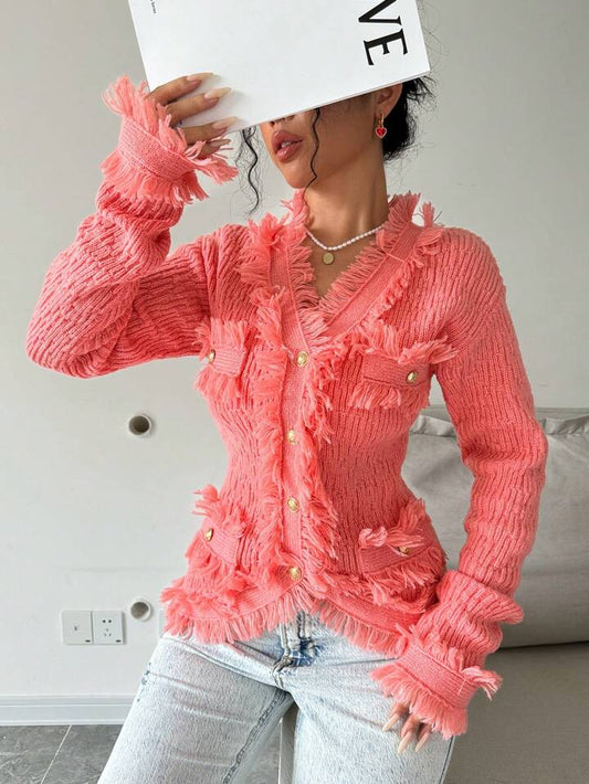CM-CS419864 Women Casual Seoul Style Button Pockets Fringed Edges Long Sleeve Cardigan - Pink