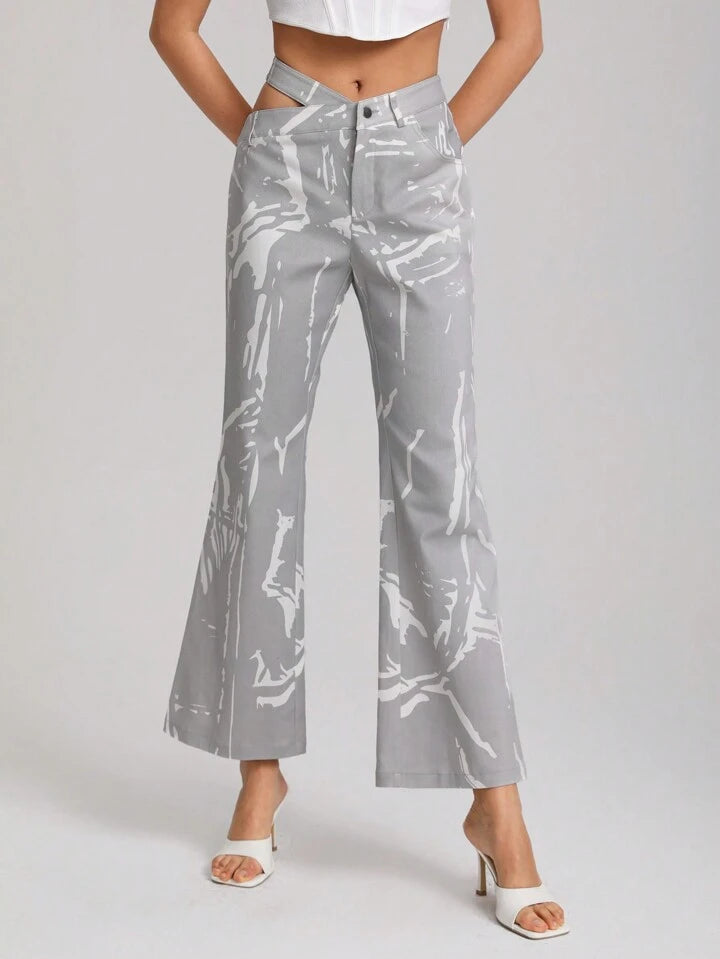 CM-BS439183 Women Casual Seoul Style Graphic Print Cut Out Waist Flare Leg Pants - Gray