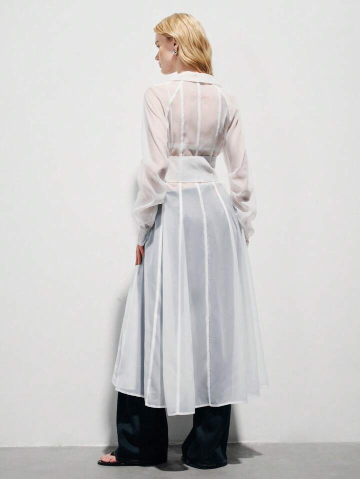 CM-DS108757 Women Elegant Seoul Style Collar Chiffon Sleeve Wide Waistband Buckle Flowing Sheer Shirt Dress