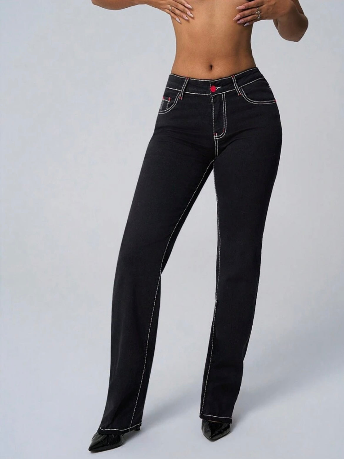 CM-BS111090 Women Casual Seoul Style Pocket Detail Stright Leg Washed Denim Jeans - Black