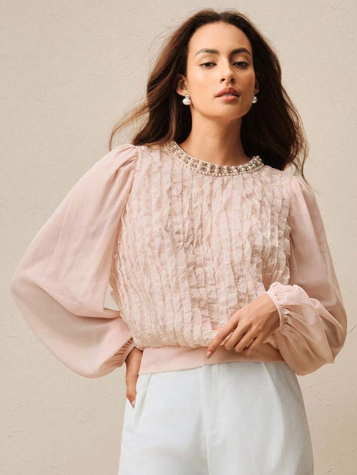 CM-TS386808 Women Elegant Seoul Style Pearl And Rhinestone Embellish Loose Lantern Sleeve Blouse - Pink