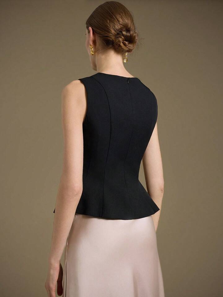 CM-TS119121 Women Elegant Seoul Style Round Neck Sleeveless Ruffle Hem Design Top - Black